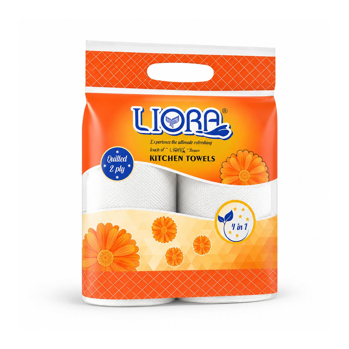 Liora 2 Ply Kitchen Tissue/Towel Roll | 60 Pulls × 4 Rolls | 240 Pulls (Pack of 2)