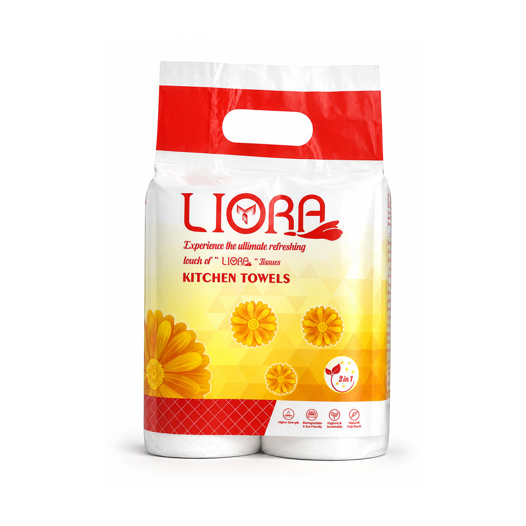 Liora 2 Ply Kitchen Tissue/Towel Roll | 100 Pulls × 2 Rolls | 200 Pulls (Pack of 2)