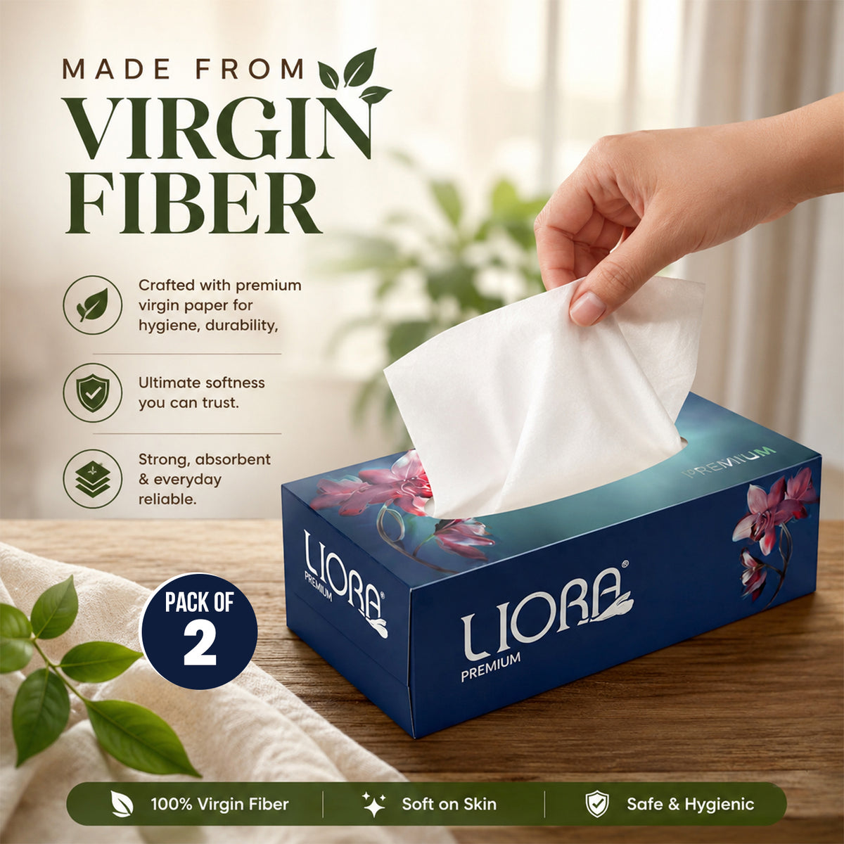 Liora 2 Ply Soft Facial Tissue Box | 100 Pulls (Pack of 2)