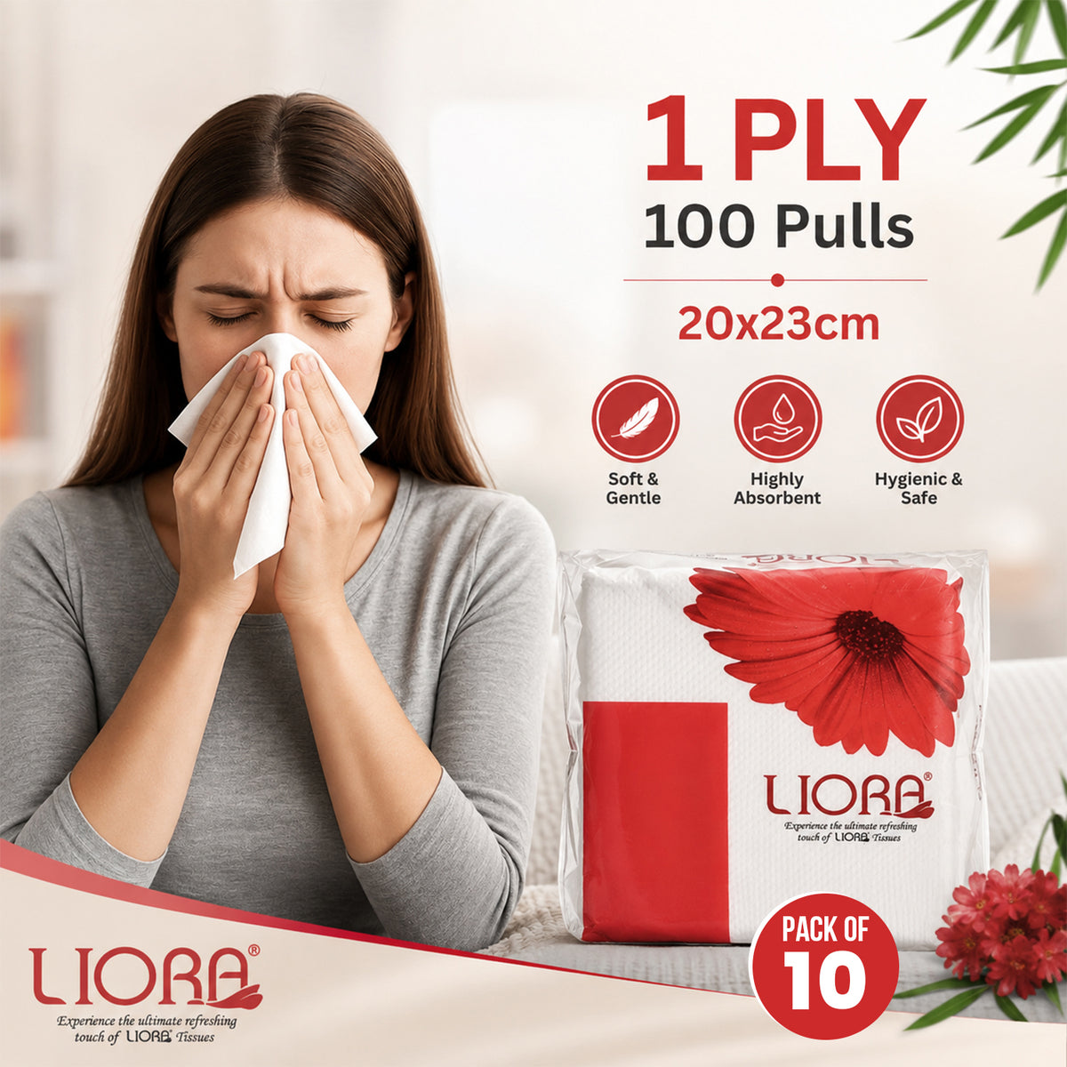 Liora 1 Ply Tissue Paper Napkins | 100 Pulls | 20 × 23 cm (Pack of 10)