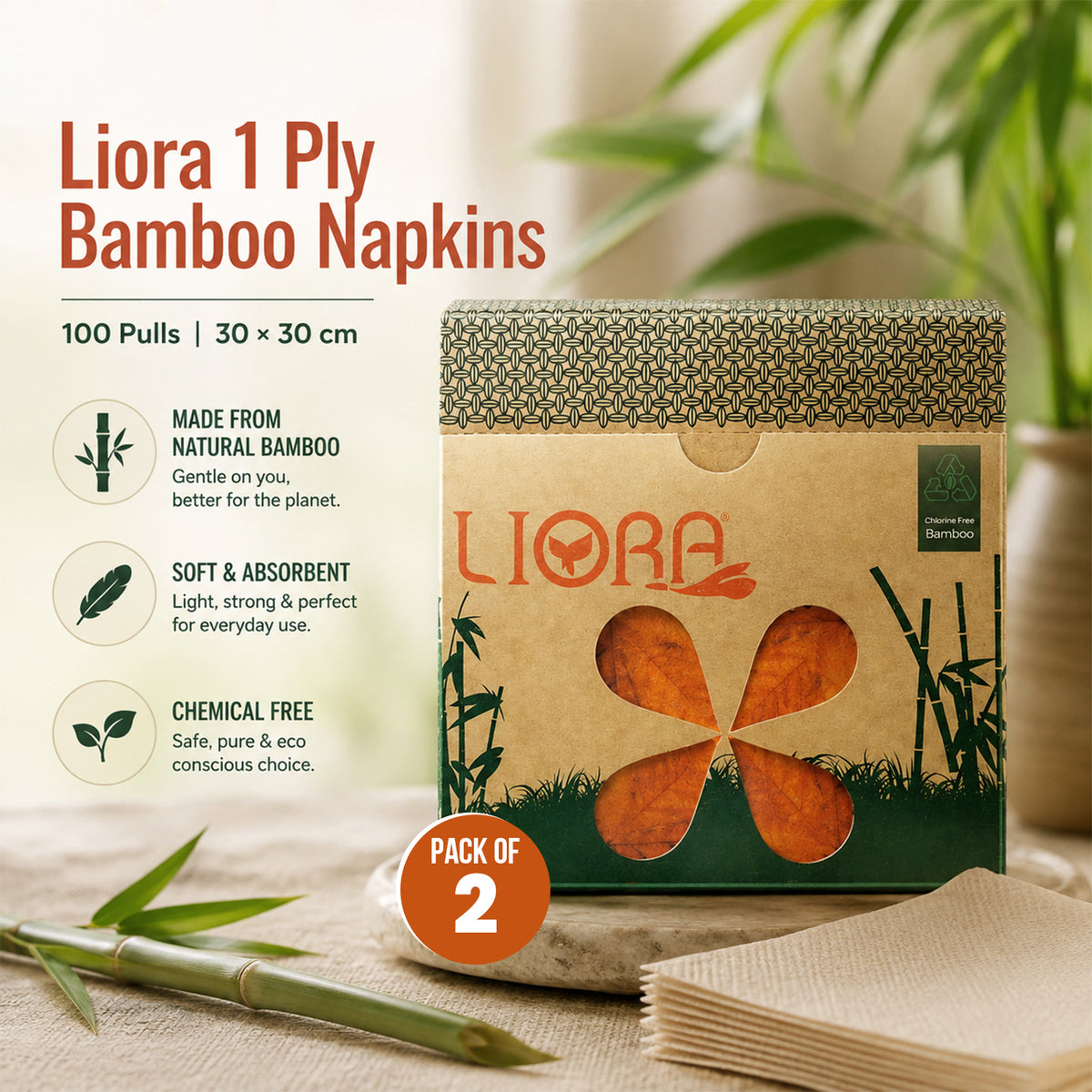 Liora 1 Ply Bamboo Napkins | 100 Pulls | 30 × 30 cm (Pack of 2)