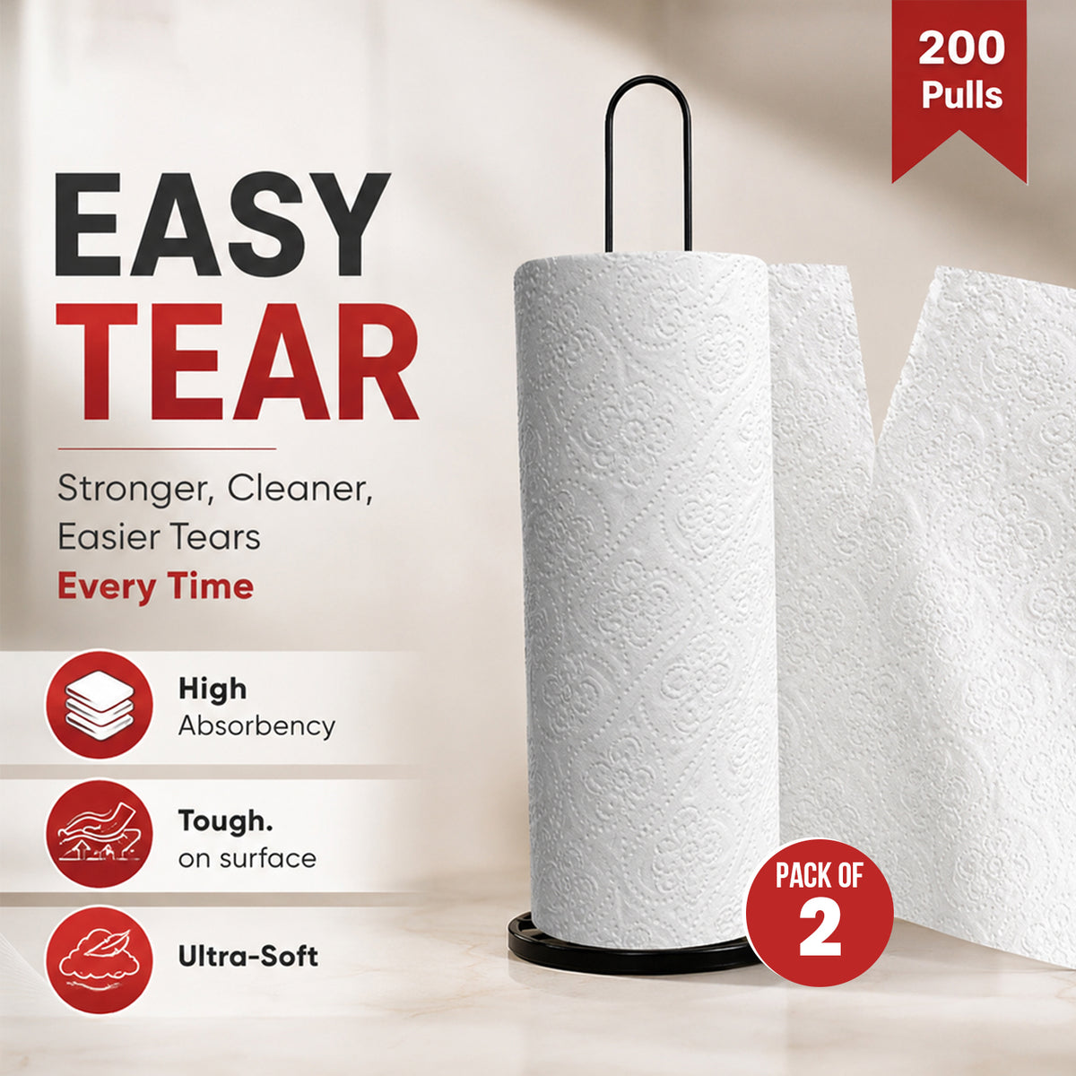 Liora 2 Ply Kitchen Tissue/Towel Roll | 100 Pulls × 2 Rolls | 200 Pulls (Pack of 2)