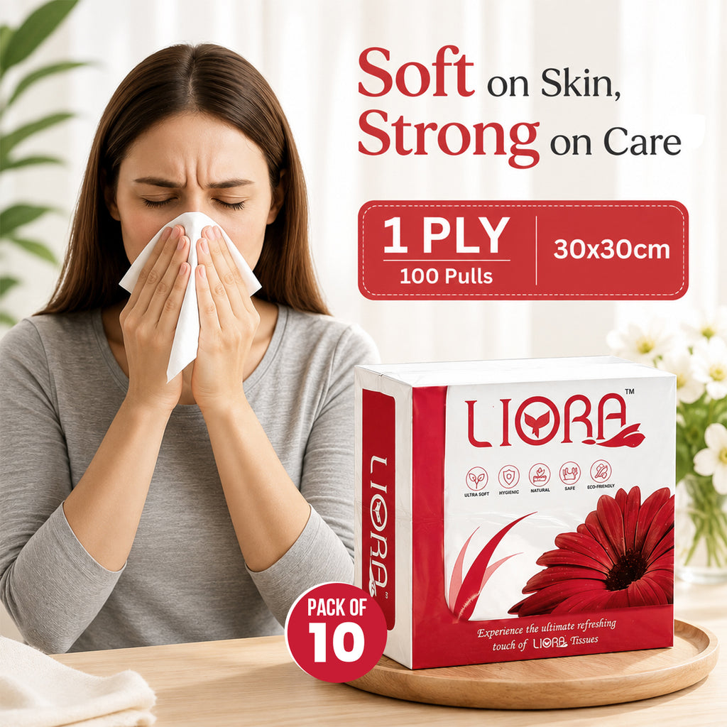 Liora 1 Ply Tissue Paper Napkins | 100 Pulls | 30 × 30 cm (Pack of 10)
