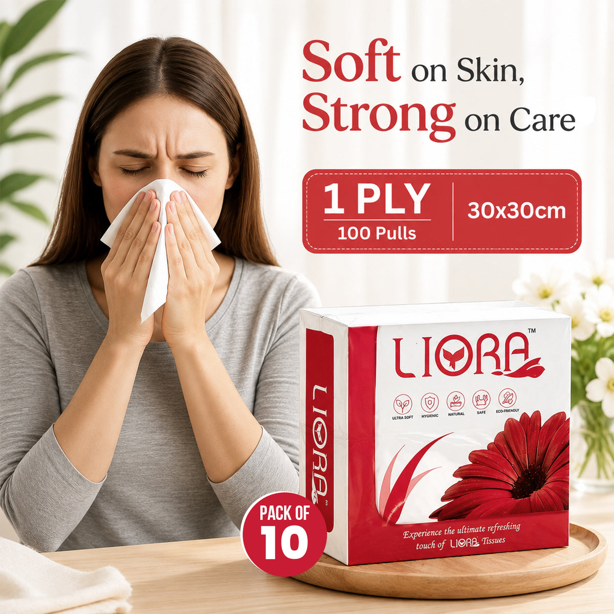 Liora 1 Ply Tissue Paper Napkins | 100 Pulls | 30 × 30 cm (Pack of 10)