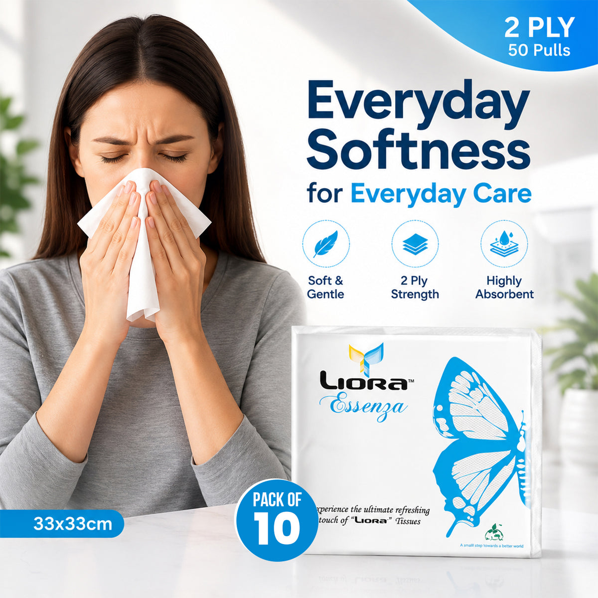 Liora 2 Ply Tissue Paper Napkins | 50 Pulls | 33 × 33 cm (Pack of 10)