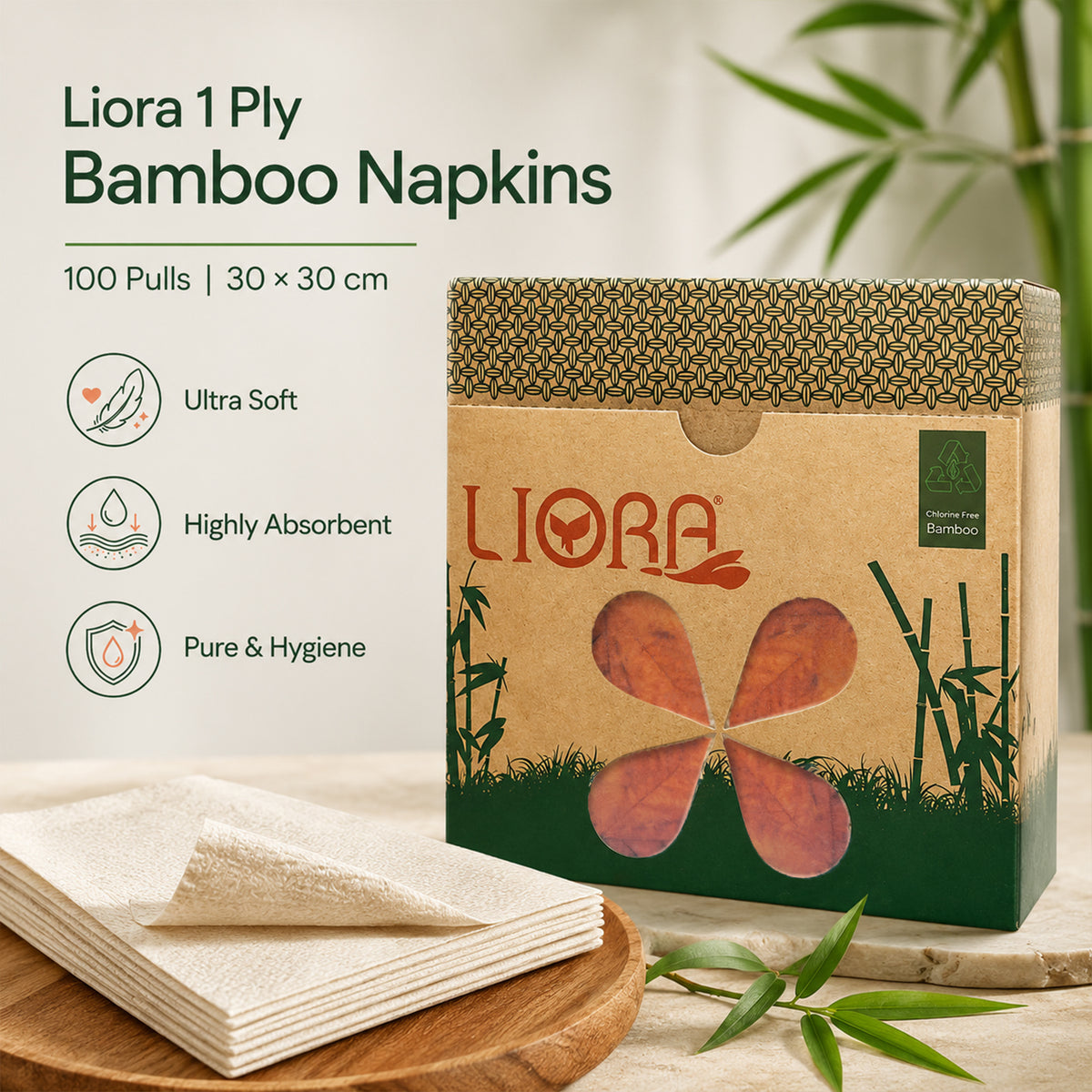 Liora 1 Ply Bamboo Napkins | 100 Pulls | 30 × 30 cm (Pack of 2)