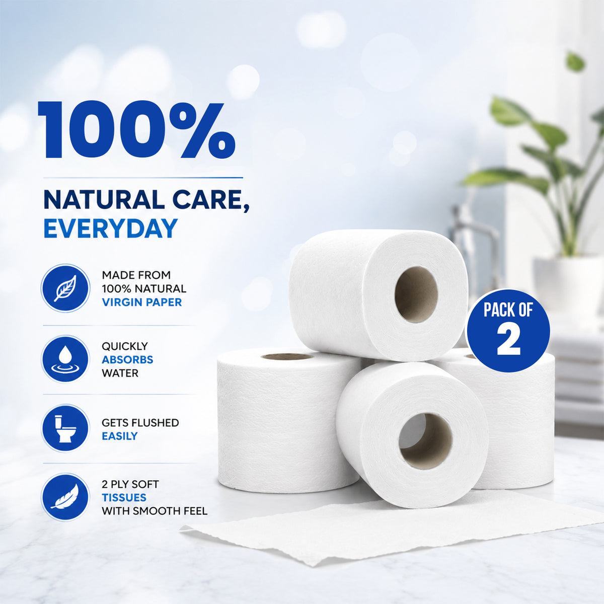 Liora 2 Ply Toilet Paper Roll | 185 Pulls × 6 Rolls | 1,110 Pulls (Pack of 2)