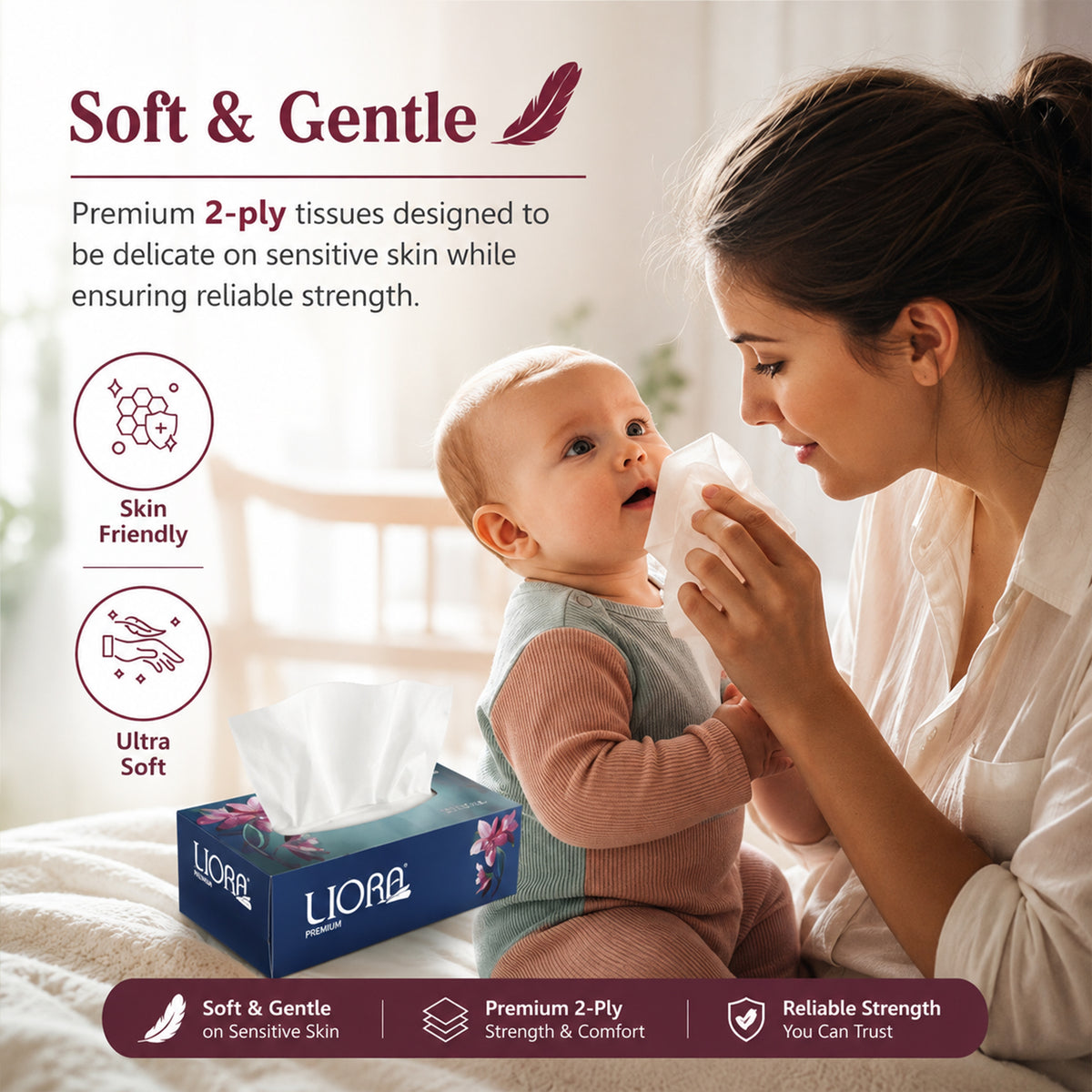 Liora 2 Ply Soft Facial Tissue Box | 100 Pulls (Pack of 2)