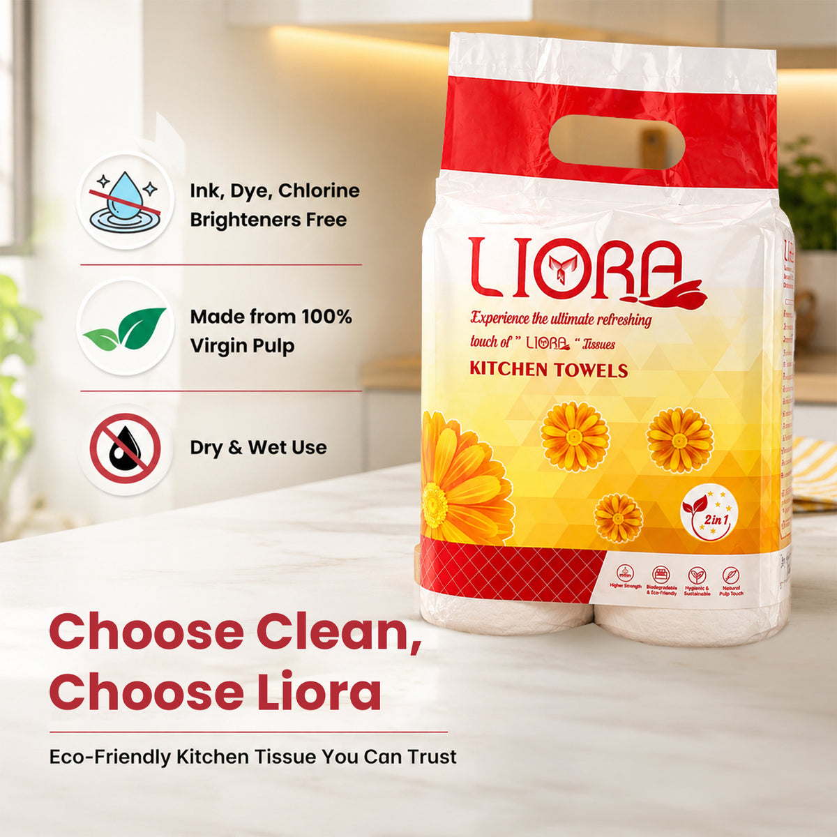 Liora 2 Ply Kitchen Tissue/Towel Roll | 100 Pulls × 2 Rolls | 200 Pulls (Pack of 2)